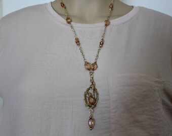 Gold Pendant with Amber Glass Beads