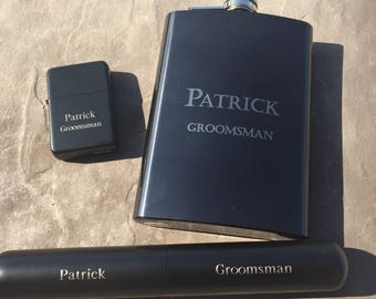 Groomsmen Gift Set. Groomsmen Gifts. Groomsmen Gift. Groomsmen Flask Set. Black Flask, Lighter, Cigar Case. Unique Groomsmen Gifts.