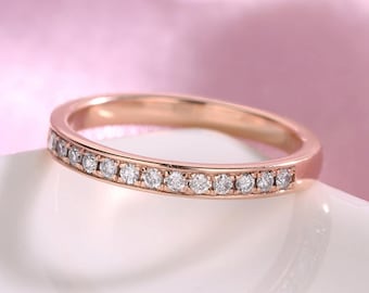 Rose Gold wedding band women diamond wedding ring bridal half eternity band stacking solitaire set dainty matching band promise anniversary