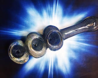 Faded Denim Blue Triple Bowl Glass Smoking Pipe, Tobacco Pipe