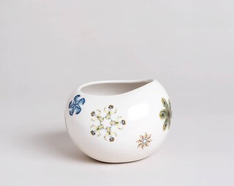 White Ceramic Vases, Original Handmade, Colorful Abstract Symbols, Collage on Ceramics with Decals, Illustrated Home Décor, Unique Art Gift