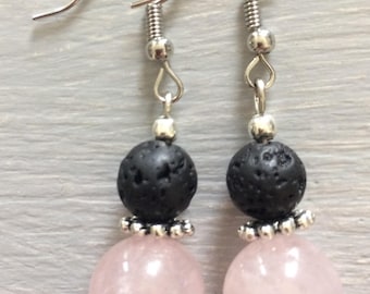 Rose Quartz and black lava earrings
