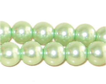 12mm Round Pale Green Glass Pearl Bead, 8" string