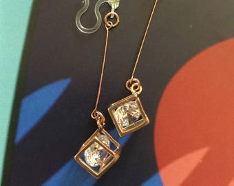 Starshine - Rose Gold Crystal Cube Invisible Clip Dangle Earrings (Complimentary Shipping)