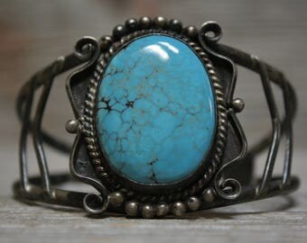 Exceptional Old Pawn Native American Sterling Silver Turquoise Cuff Bracelet
