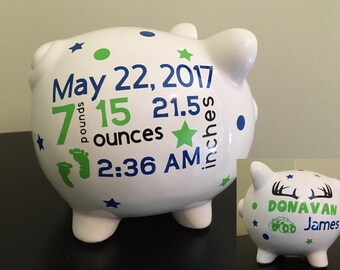 Custom Piggy Bank with Baby Stats (Large), Personalized Piggy Bank with Baby Stats, New Baby Gift, Baby Boy, Baby Girl, Nursery Gift