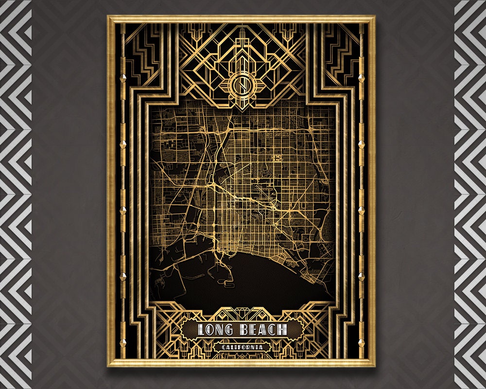 LONG BEACH Map Art Deco Gatsby Style Long Beach City map Long