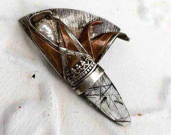 Unusual Sterling Silver & Copper Pin with Tourmilated Quartz and Pearl