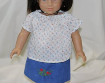 18" American Made Girl Doll Clothes, Modeled on Christie American Girl Doll, White Top With Embroidered Jean Skirt