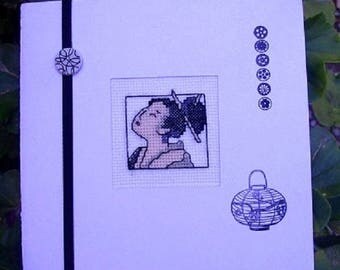 Hand embroidered card: geisha head
