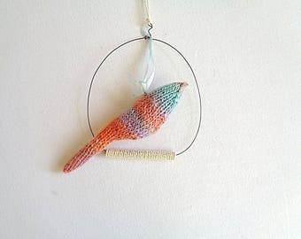 Small poetic mobile, bird in pure wool multicoloris and wire for nursery