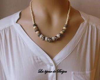 Chic ethnic short necklace made of yak bone beads, Horn and seed beads