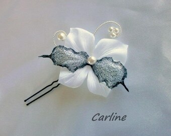 PIC Satin Organza white black flower hair clip