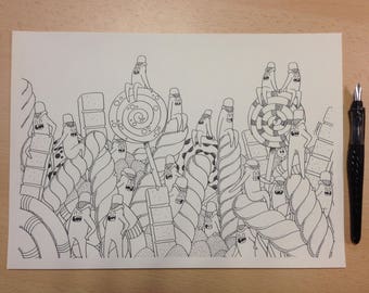 Black and white original drawing on ivory paper