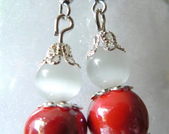 Earrings red and white creamy ceramic beads, and cat's eye