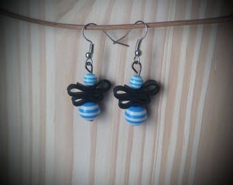 Blue striped resin - beads and recycled bike tube earrings