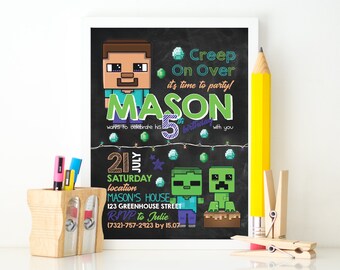 Minecraft Invitation, Minecraft Birthday Invitation, Birthday Invitation Minecraft, Minecraft Birthday, Minecraft Party, Minecraft Card