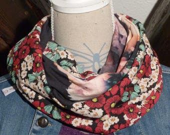 F269 snood scarf tissue fluid flower prints and black with large flowers