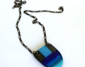 Fused glass pendant/chunky necklace/Handmade glass jewellery/Blue and grey necklace/Statement jewellery/Curved pendant/geometric pendant