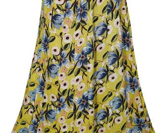 Yellow Flared Maxi Skirt Floral Print Boho Chic Summer Gypsy Long Skirts S/M