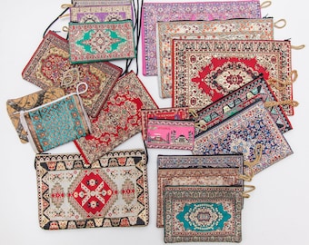 Buy 4 Turkish Woven Bags Get 1 FREE, Ethnic Bohemian Style Zippered Bag, Turkish Carpet Design Tapestry Bag