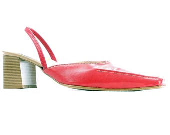 Women Us 8.5 Red Leather Mules Red 90s SANDALS Slip On 1990s Summer Shoes Bright Red Chunky Heel Back Strap Slider Shoes Heels Uk 6 Eur 39
