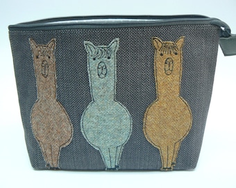 Tweedy Alpaca Trio applique small knitting project bag, zipped pouch