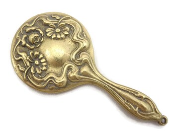 Art Nouveau Mirror Pendant - Repousse Flowers Brass Tone