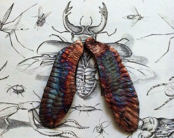 176. Seraphim's Wings Two Large Copper Blue Green Bronze Raku Stoneware Wings