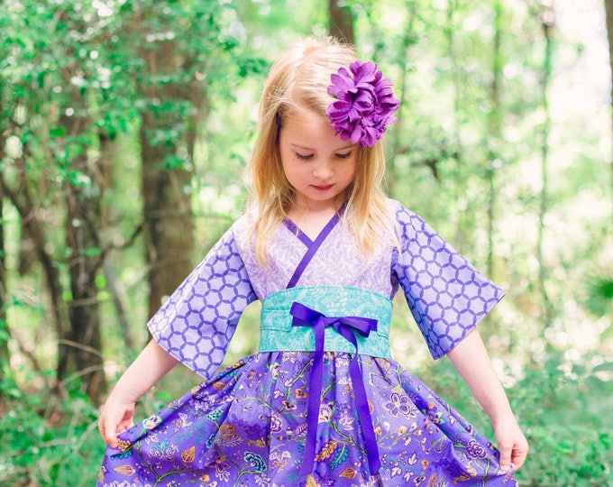 Birthday Dress - Purple Dress - Girls Twirl Dress - Girls Kimono Dress - Preteen Dress - Little Girl Dress - Toddler - 12 mos to 14 years