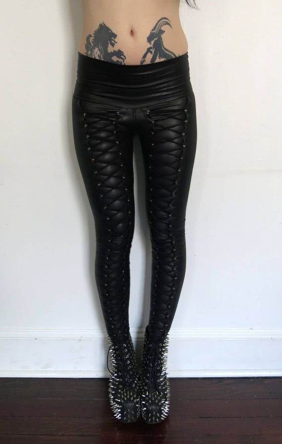 Hell Couture Wet Look Faux Leather Lace Up Leggings