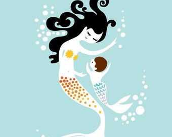 SUMMER SALE 8X10" mermaid mother & baby boy giclee print on fine art paper. sky blue, orange, yellow, black and brown hair.