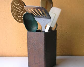 Kitchen Caddy Industrial Home Utensil Holder Salvaged Metal Tall brush holder remote control storage artist gift Table Organizer Loft Decor