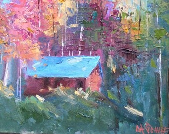 Small Landscape Painting, Mountain Cabin Painting, Autumn Painting, 6x8" Oil Painting, Palette Knife Painting, Free Shipping in US
