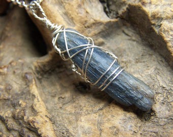 Blue Kyanite crystal blade - Sterling Silver wire wrapped necklace pendant - small natural raw Crystal wrap - Brazil 1 inch blade - T2im