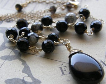 Summer Sale 20% Off Black and Gold Necklace, Rosary Style Necklace, Stone Pendant, Brown and Black Agate Necklace