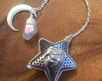 Crescent Moon and Aura Quartz Crystal Tea Strainer~ Crystal tea strainer Tea Lead Reading Divination Wicca Tea Diffuser Pentacle Tea Moon