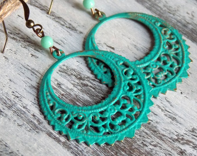 Boho Filigree Brass Earrings Turquoise Earrings Patina Earthy Rustic Woodland Filigree Gypsy Boho Brass Bohemian Earrings Jewelry