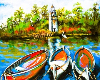Lighthouse and Wooden Boats, Madisonville, Louisiana, Impressionism Marine Art, Louisiana Marine Gift by New Orleans Artist- 'Les Bateaux'
