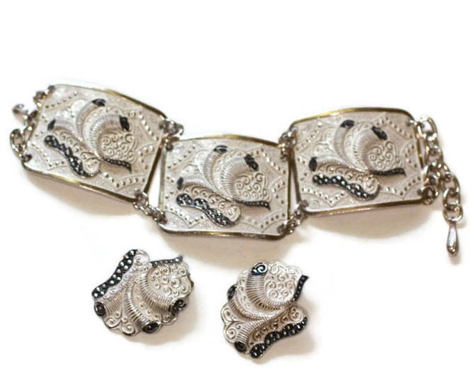 Enameled Cream Aluminum Bracelet Earrings Imitation Marcasites Vintage Set Chunky Bold