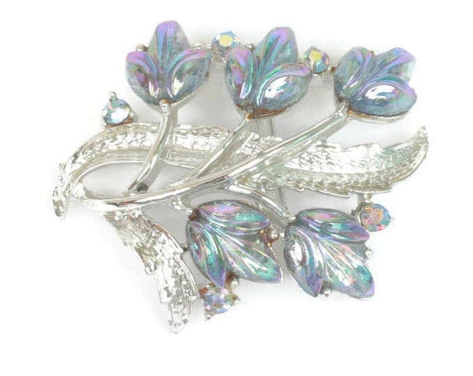 Blue Aurora Borealis Rhinestone Brooch Molded Glass Stones Floral Design Vintage