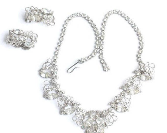 CIJ Sale Rhinestone Filigree Necklace Earring Set Wedding Bridal Prom Silver Tone Vintage