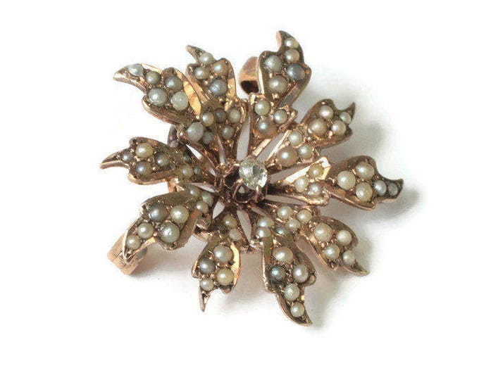 Victorian 10K Gold Starburst Pin Seed Pearls Diamond Dimensional One Inch Antique Pin