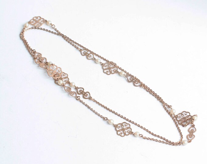Hearts and Lace Necklace Faux Pearl Stations Vintage Unsigned Avon 30 Inch Length