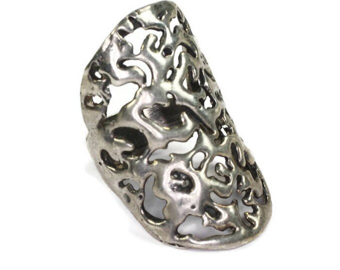 Large Filigree Sterling Statement Ring Size 8 1/2 Knuckle Duster Pierced Vintage Ring