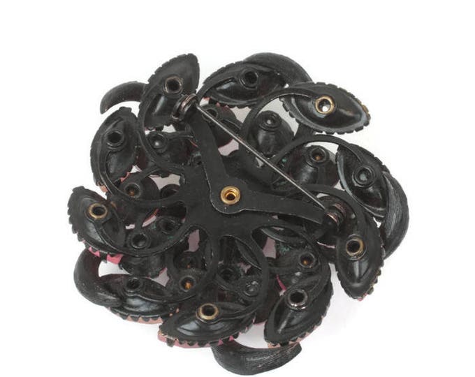 Pink Rhinestone Pinwheel Brooch AB Frosted Stones Japanned Finish Dimensional Vintage