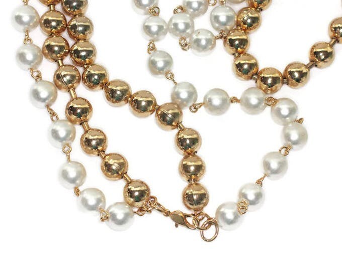 Simulated Pearl and Gold Tone Bead Necklace Two Strand Longer Length Vintage