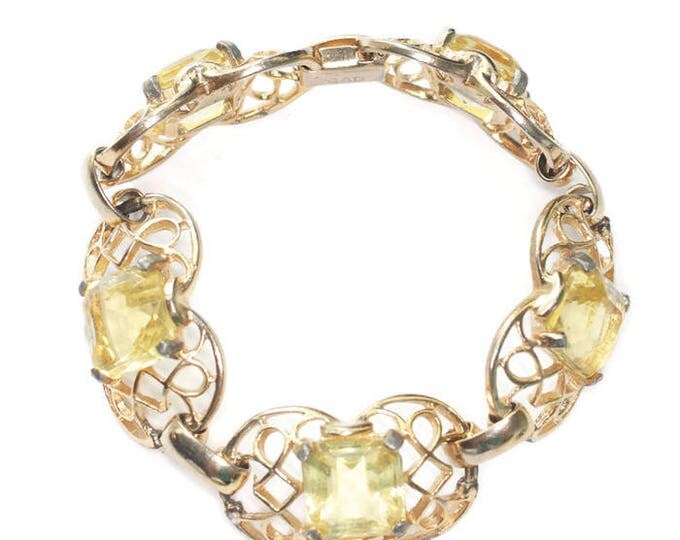 Jonquil Yellow Bracelet Princess Cut Glass Filigree Setting Gold Tone Vintage Signed GAD
