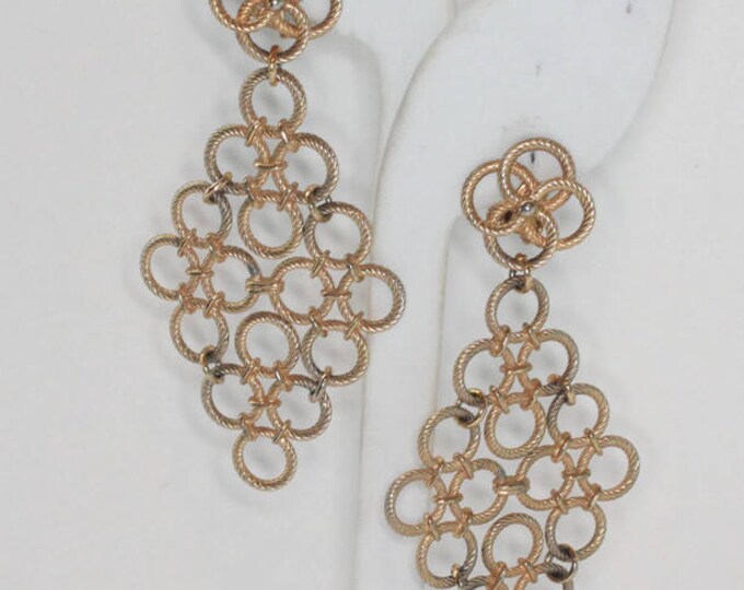 Circle Dangle Earrings Gold Tone Clip On Long Diamond Shape Disco Vintage