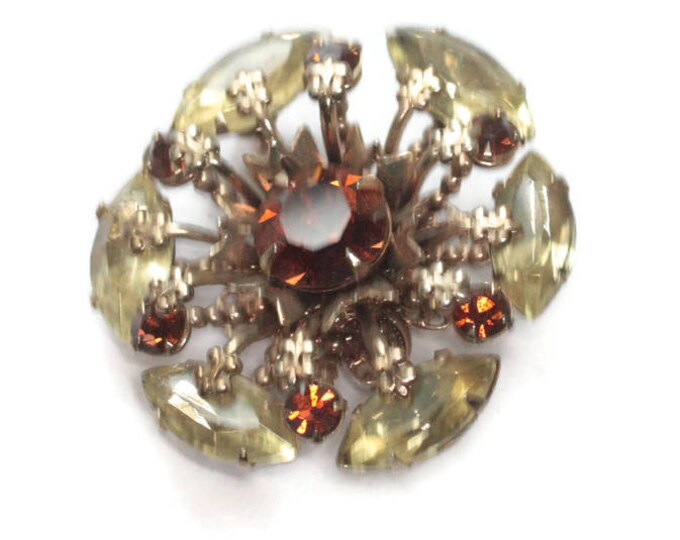 Rhinestone Brooch Golden Brown and Yellow Stones Atomic Style 1950s Vintage